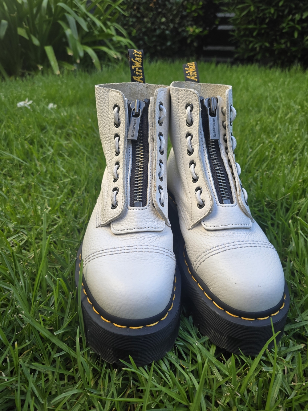 Dr. Martens White Leather Zip Front Platform Boots